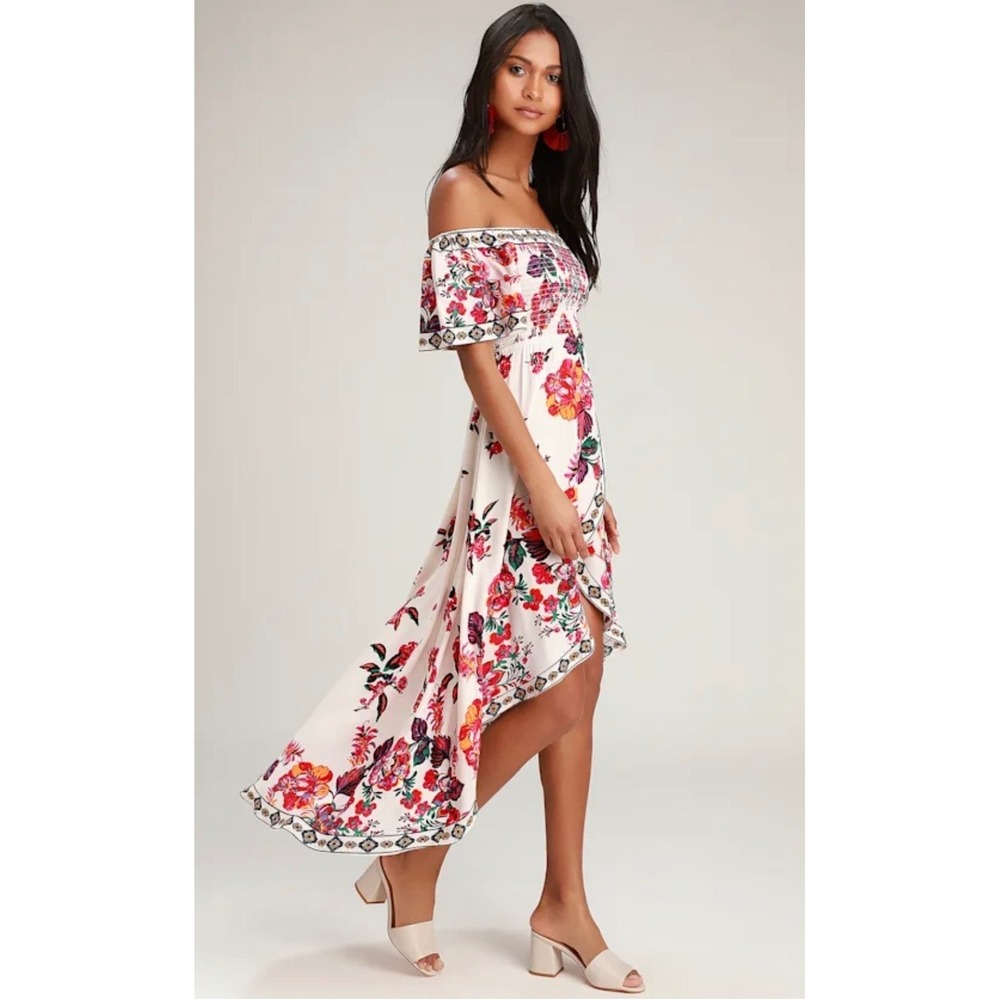 Lulus Danica Cream Floral Off Shoulder High Low Maxi Dress Tropical XS NEW